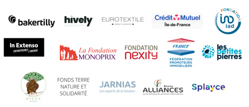 Logos de Barkertilly, hively hospitality, eurotextile, crédit mutuel ile de france, fondation IAD, In extenso, Fondation Monoprix, fondation nexity, FPI France, Les petites pierres, Ficus, Fonds terre, nature et solidarité, Jarnias, Réseau Alliances  et Splayce