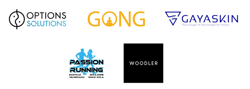 logo de nos partenaires : option solution, gong massages, gayaskin, passion running et atelier woodler
