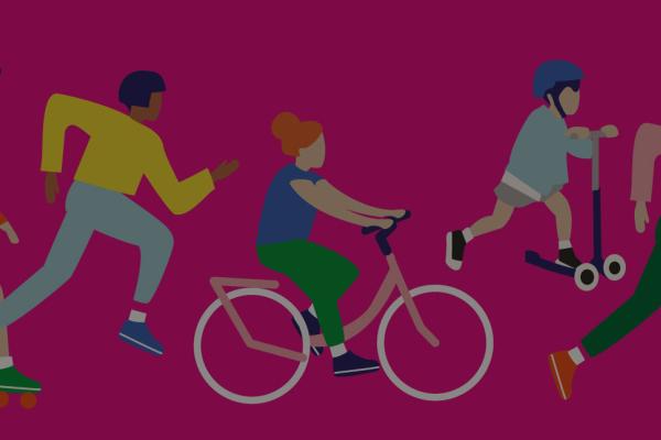 un visuel avec des coureurs, un vélo, un enfant sur une trottinette, etc