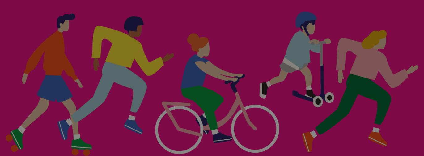 un visuel avec des coureurs, un vélo, un enfant sur une trottinette, etc