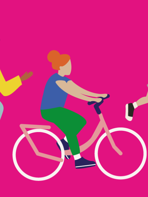un visuel avec des coureurs, un vélo, un enfant sur une trottinette, etc