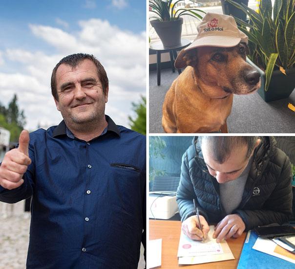 Portrait de Grégory, la chienne Talia avec une casquette "toit à moi" et Mouloud signant son bulletin de donateur