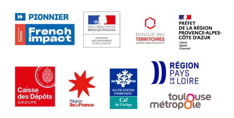 Logos de : Le French impact, Ministère des solidarités et de la santé, banque des territoires, préfet de la région provence-alpes-code-d'azur, Caisse des dépots, région île de France, CAF de l'Ariège, région pays de la Loire et Toulouse Métropole